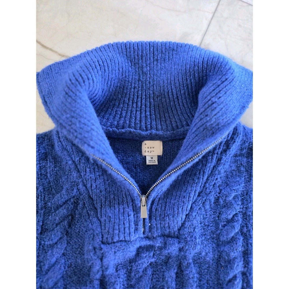 A New Day Blue Cable Knit Quarter Zip Sweater Medium Cozy Chenille Pullover - Picture 4 of 9